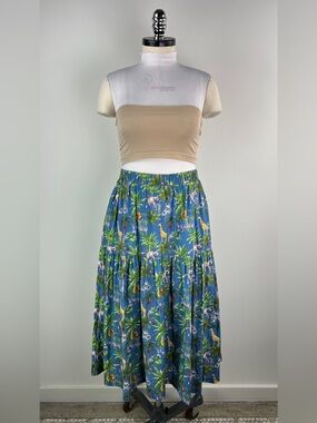 💚 3565. Blue Tropical/Animal Print Tiered Midi Skirt